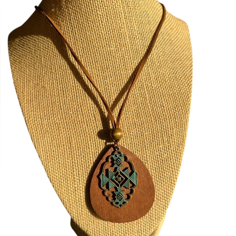 Boho Wood with Ornate Design Metal Medallion Corded Necklace